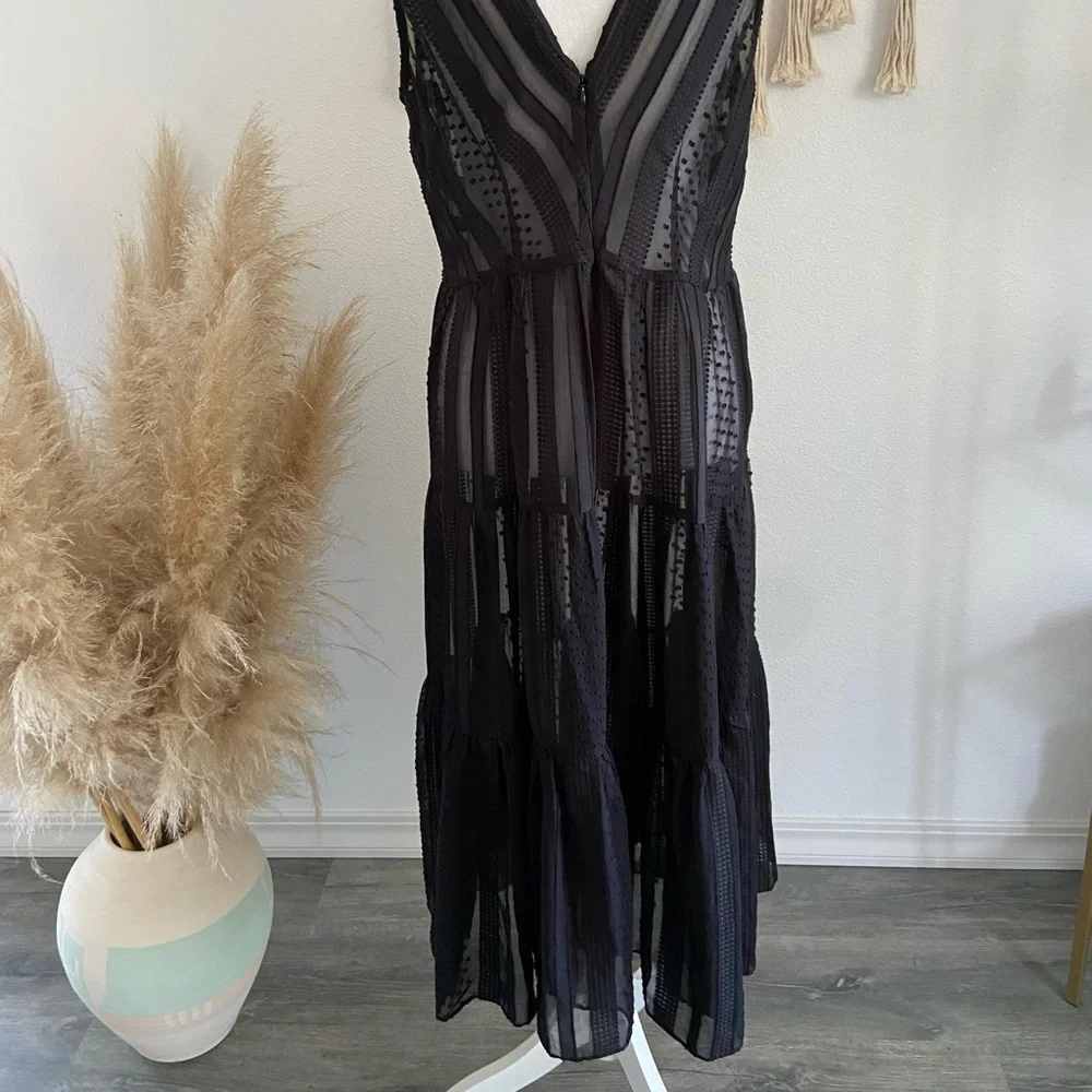 J Crew black sheer midi dress sleeveless Swiss dot ruffle tier party medium